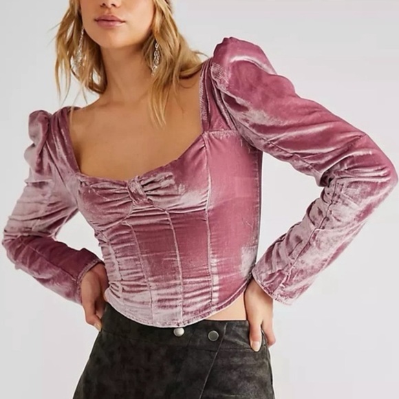 Free People • NWOT Mauve Bridgette Velvet Puff Sleeve Corset Style Top Size Med - Picture 1 of 17